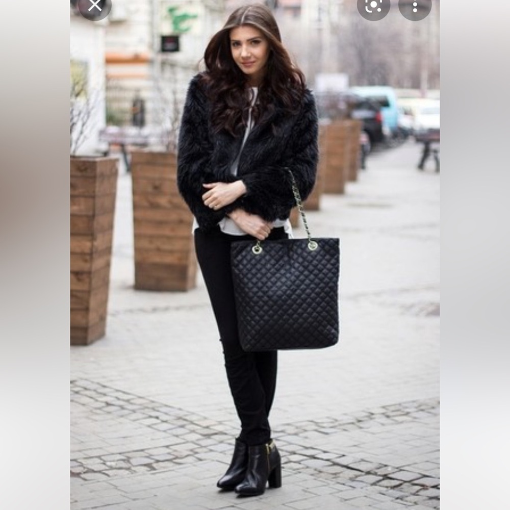 Real 100 rabbit fur jacket with real fox collar & pockets black